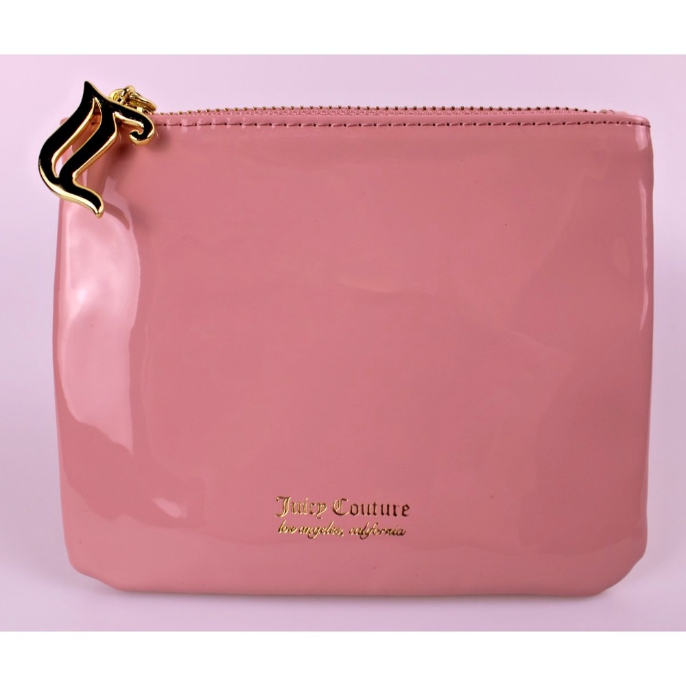 Juicy Couture Pink Patent Cosmetic Pouch Gold J Charm Zip Makeup Bag Y2K